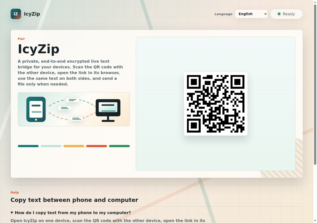 IcyZip browser page showing a QR code for pairing another device