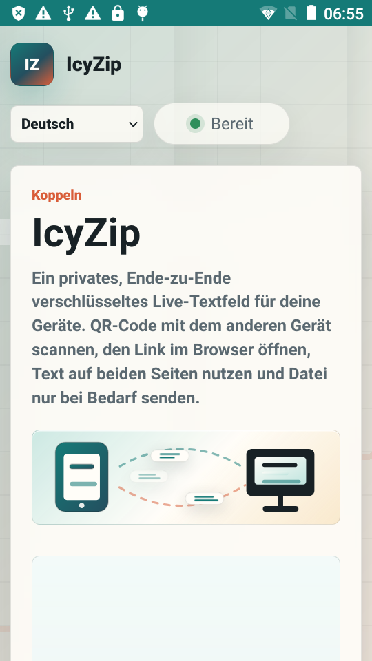 IcyZip auf Android in deutscher Sprache mit Kopplungsbereich für Handy und Computer
