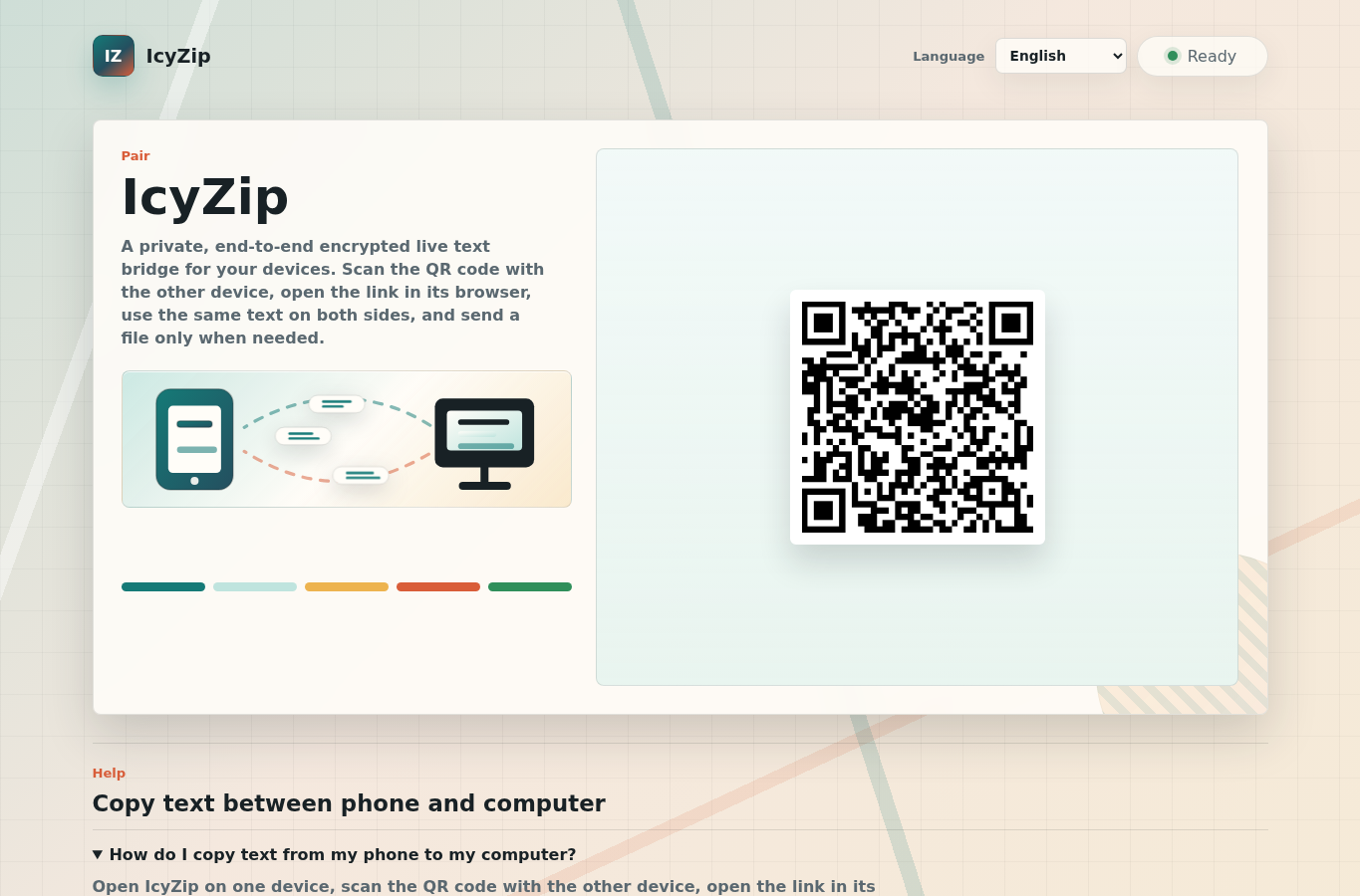 IcyZip desktop browser showing the QR pairing screen used to connect a second browser